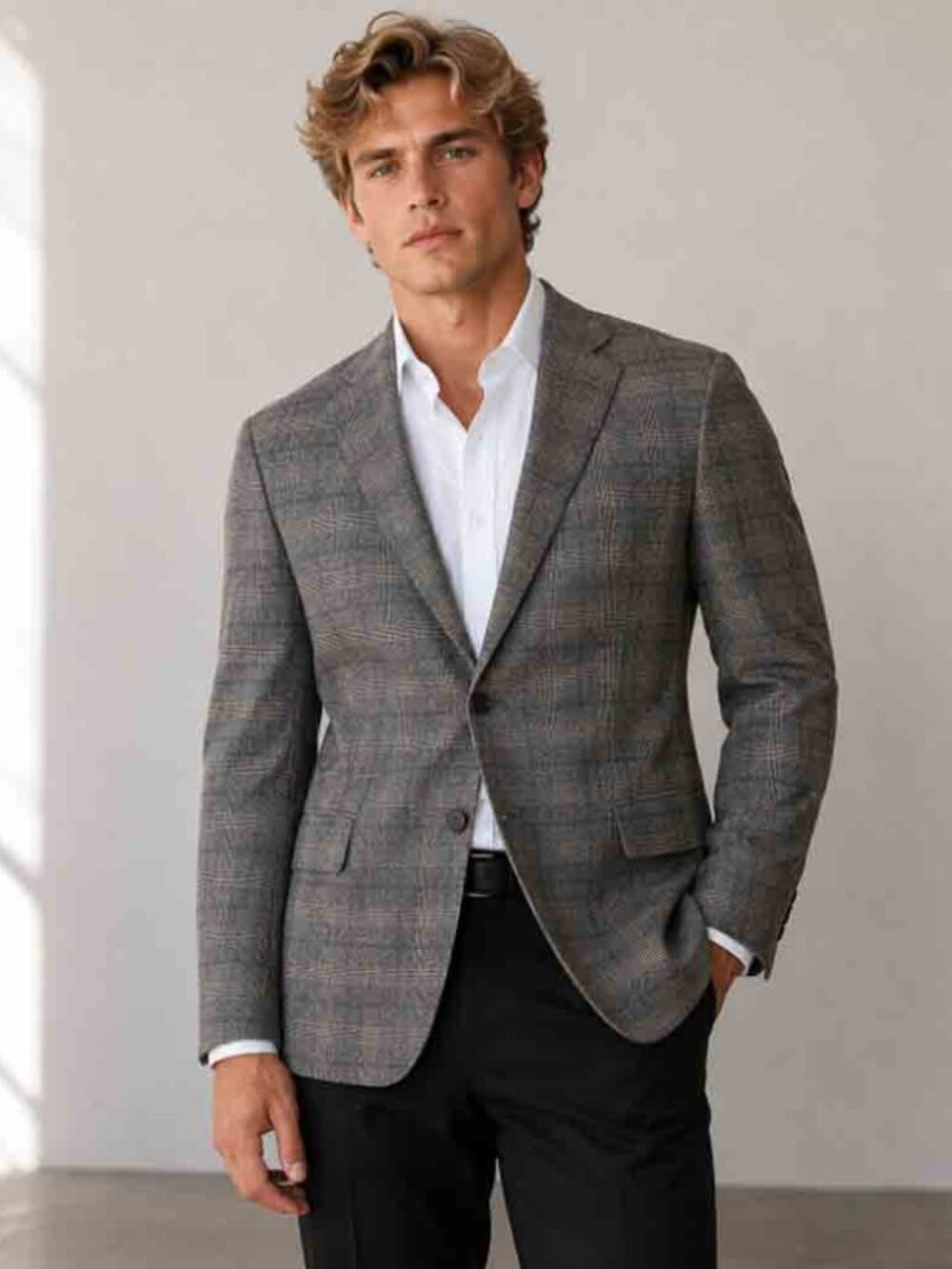 Joseph Abboud REDA Wool Flannel Blazer Gray Brown Cream Plaid Men's Size 48L